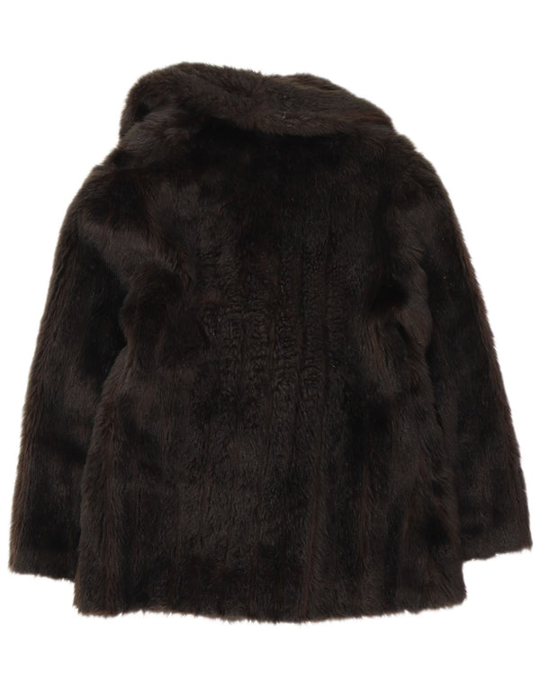 VINTAGE Womens Faux Fur Double Breasted Coat UK 10 Small Black Acrylic
