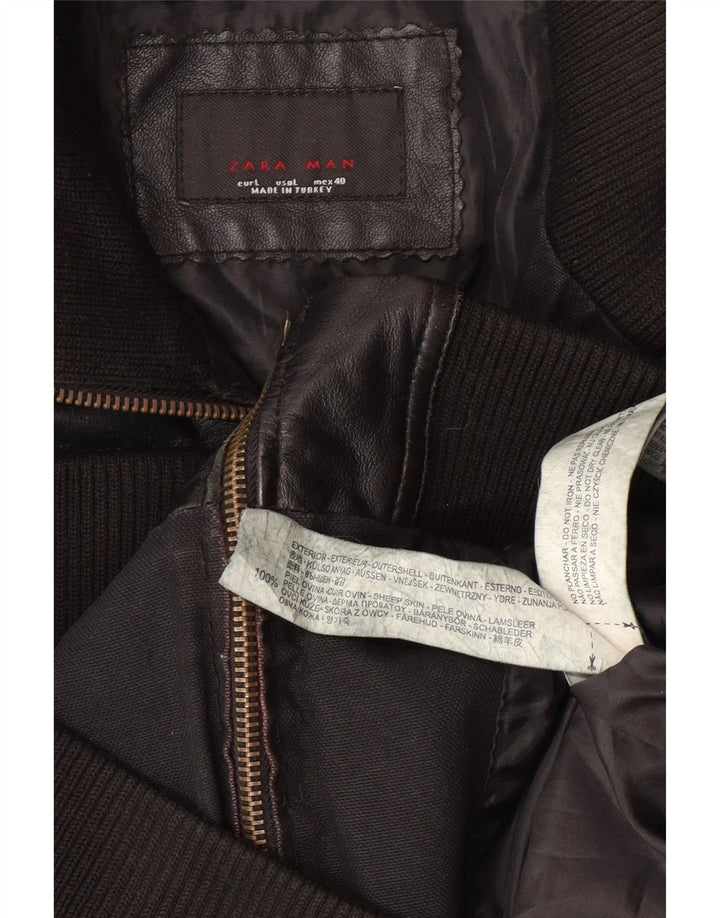 ZARA Mens Bomber Leather Jacket UK 40 Large Black Leather