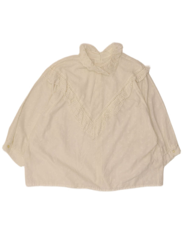 Vintage Womens 3/4 Sleeve Ruffle Front Blouse Top UK 20 2XL White