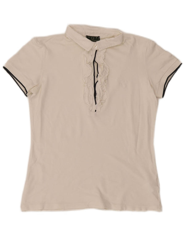 Fred Perry Womens Ruffle Front Polo Shirt UK 10 Small White Cotton