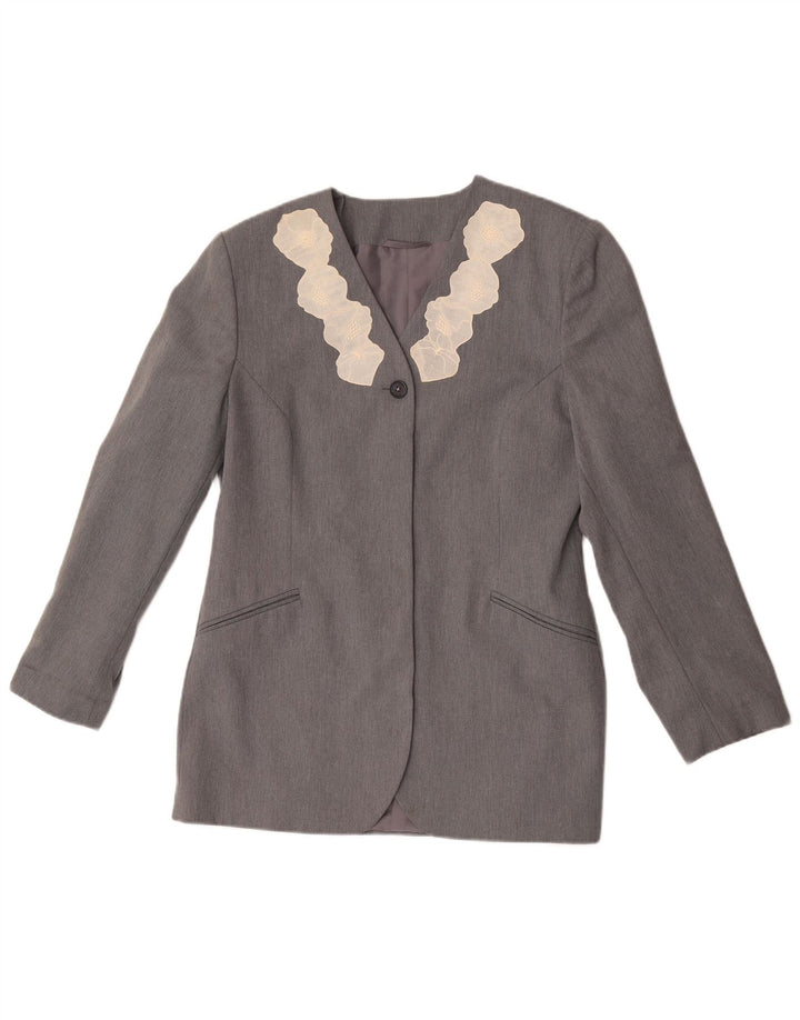 Vintage ženski sako sa 1 gumbom UK 12 srednje sivi cvjetni poliester