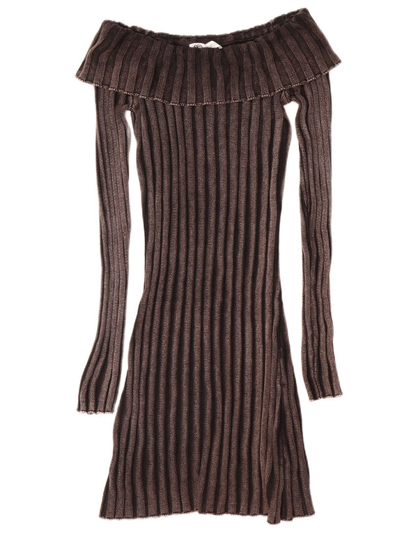Zara Womens Long Sleeve Off Shoulder Jumper Dress UK 14 Large Brown Cotton