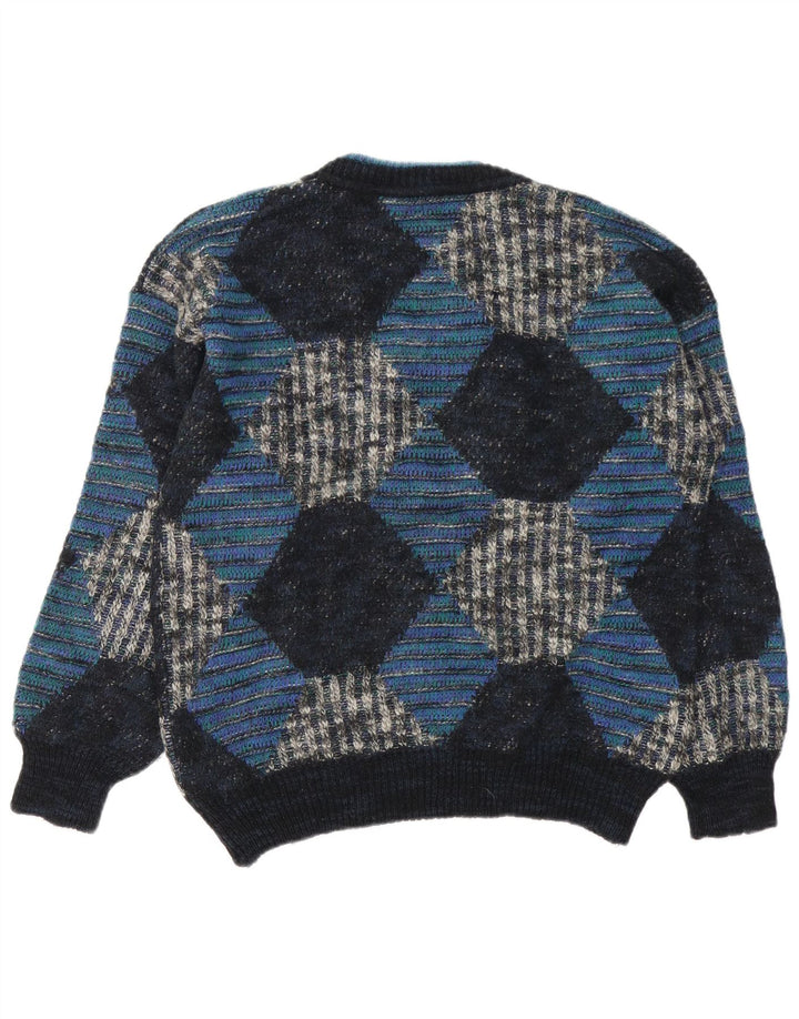 Vintage muški džemper s V-izrezom IT 48 Srednje plava Argyle/Dijamantna vuna