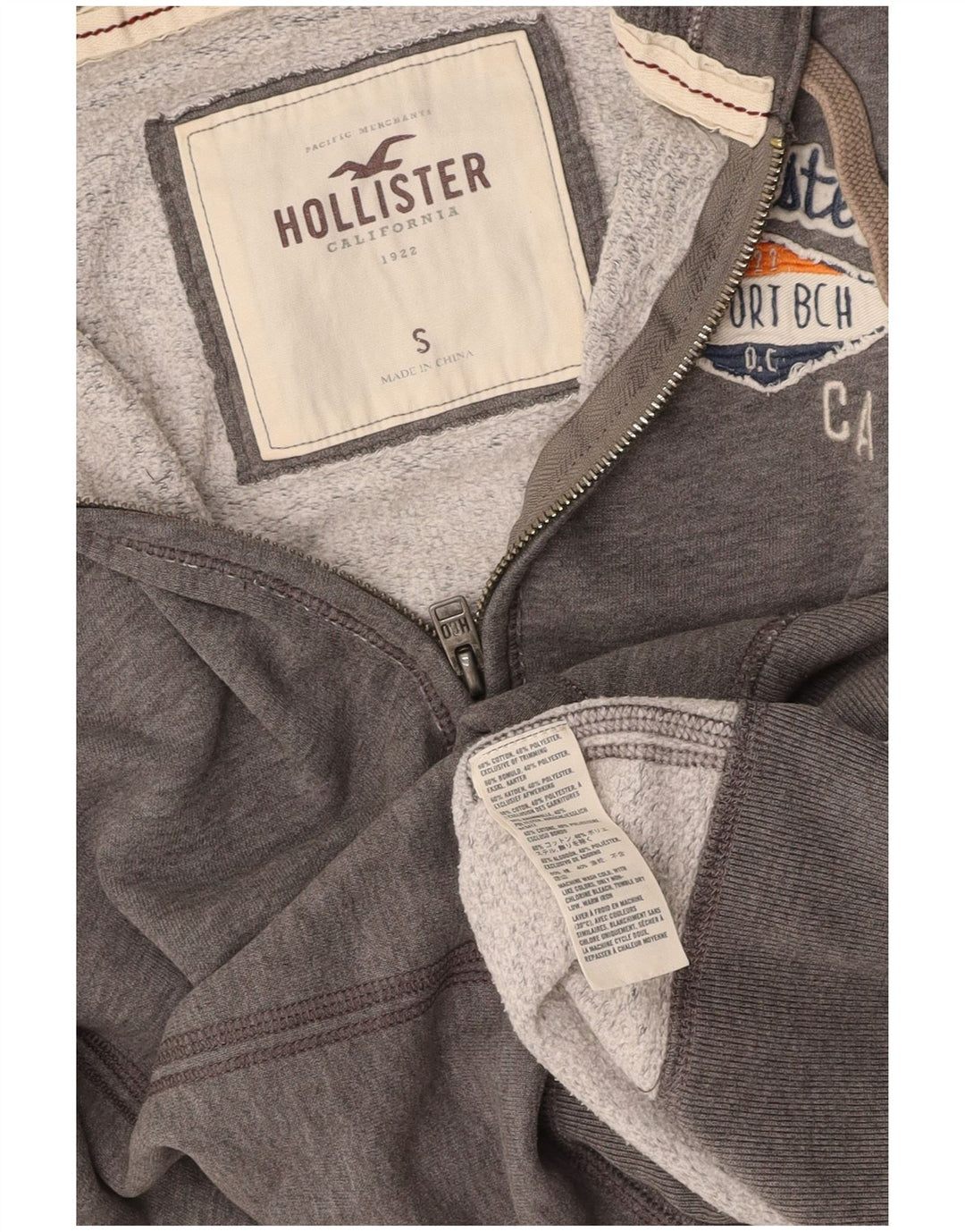 HOLLISTER Ženska majica s kapuljačom s grafičkim patentnim zatvaračem UK 10 Mali sivi pamuk