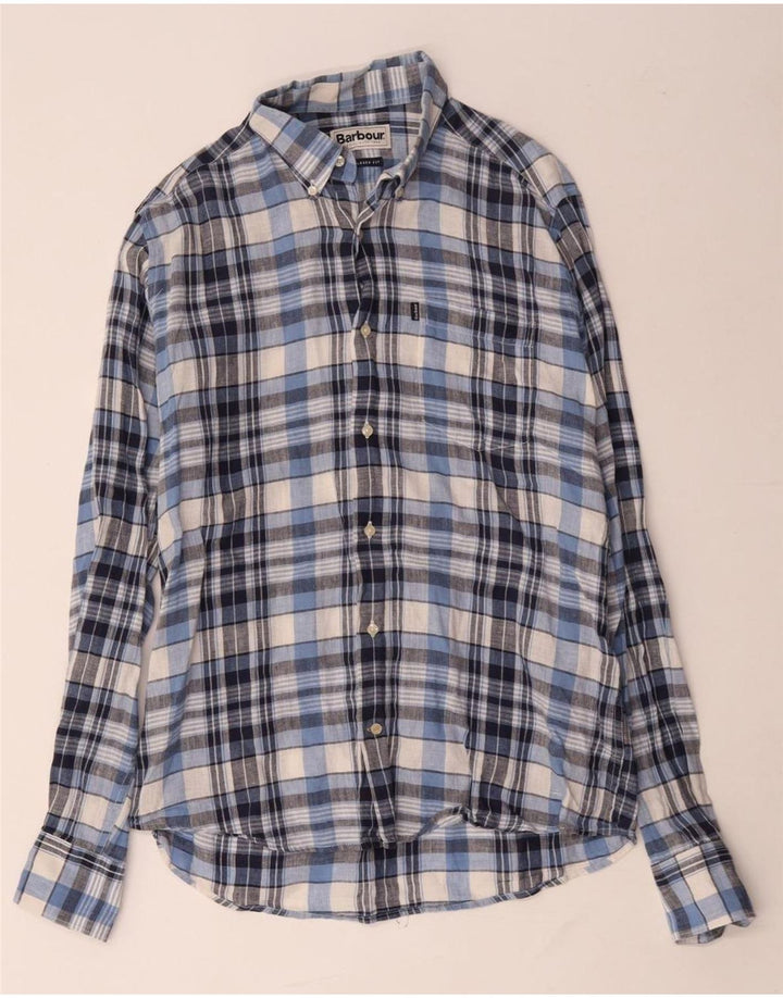 BARBOUR Muška krojena košulja plavog kariranog lana srednje veličine