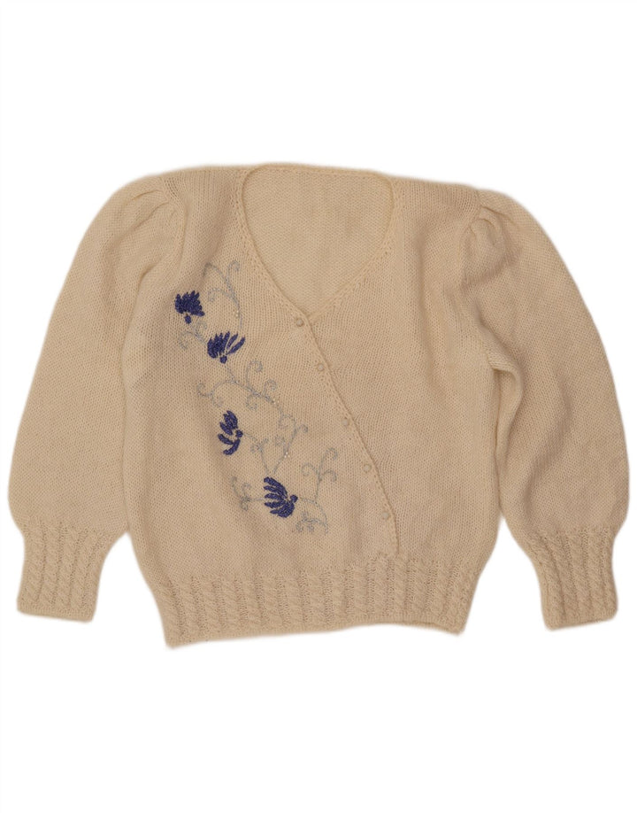 VINTAGE ženski džemper s V-izrezom UK 16 Veliki prljavo bijeli cvjetni