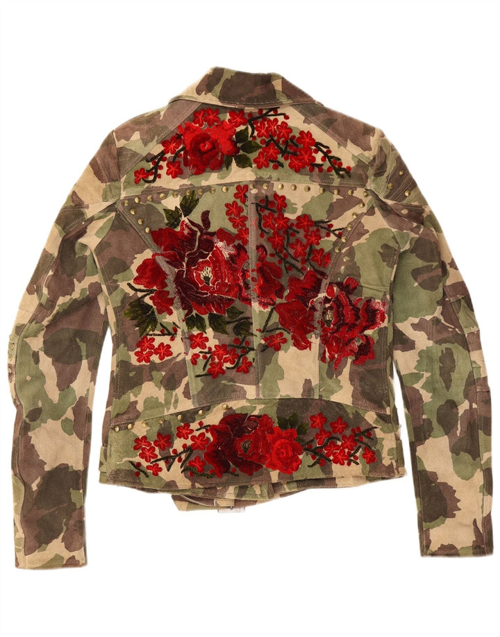 Vintage ženska biciklistička jakna od brušene kože UK 16, velika zelena kamuflažna koža