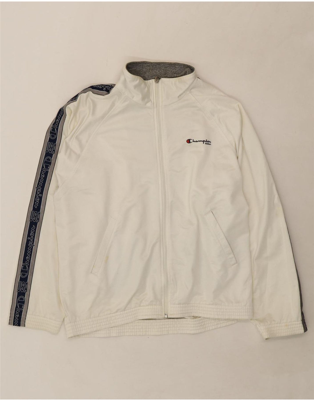 CHAMPION Mens Graphic Tracksuit Top Jacket Medium White Polyester Vintage Champion and Second-Hand Champion from Messina Hembry 