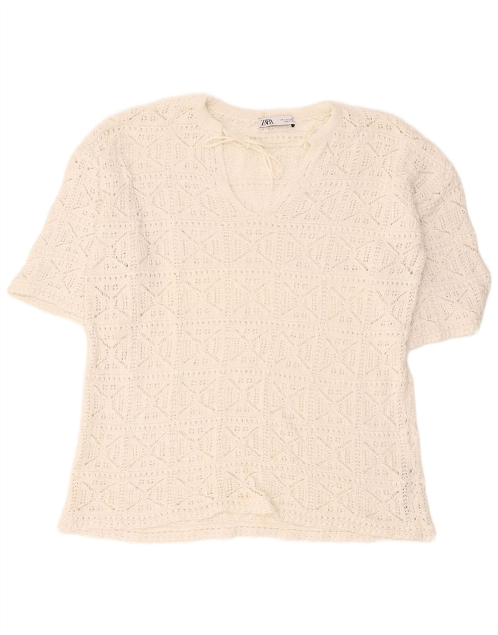 Zara ženska prevelika heklana bluza Top UK 10 Mali bijeli pamuk