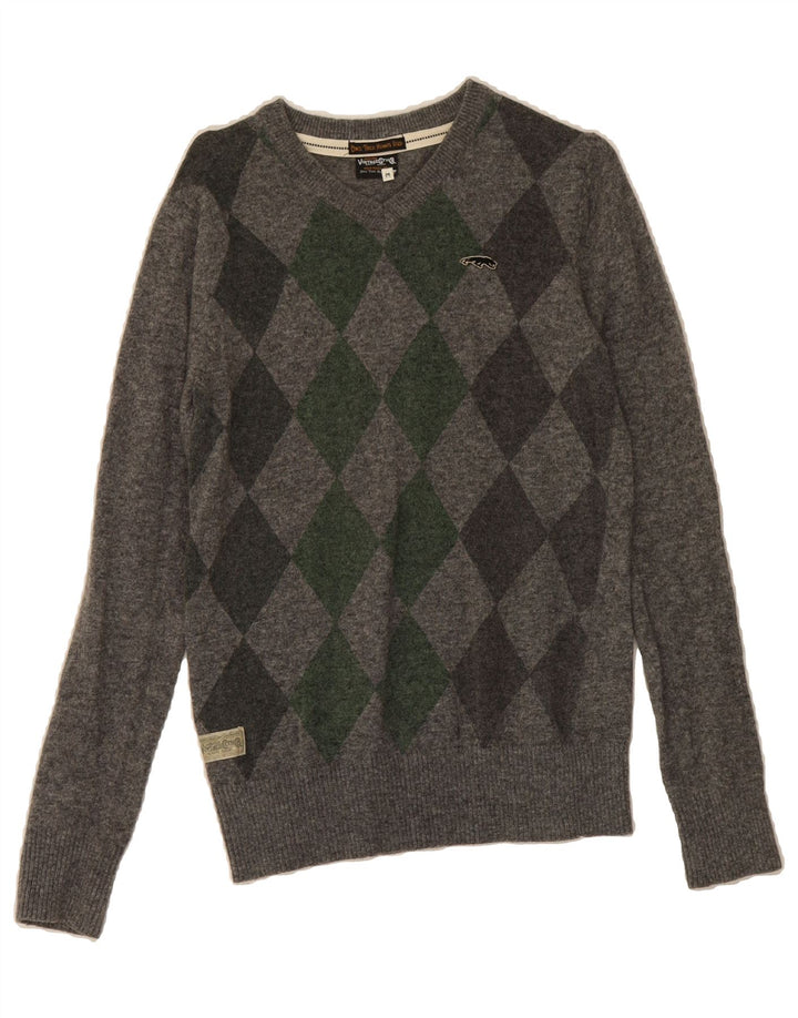 JACK & JONES Mens V-Neck Jumper Sweater Medium Grey Argyle/Diamond Wool Vintage Jack & Jones and Second-Hand Jack & Jones from Messina Hembry 