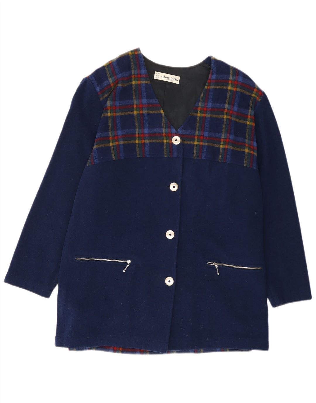 SCHMEINCK ženski kaput UK 16 Veliki tamnoplavi karirani vuneni kaput