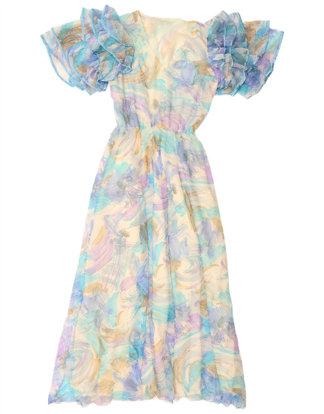 VINTAGE ženska maksi haljina s apstraktnim uzorkom UK 12 srednje plava