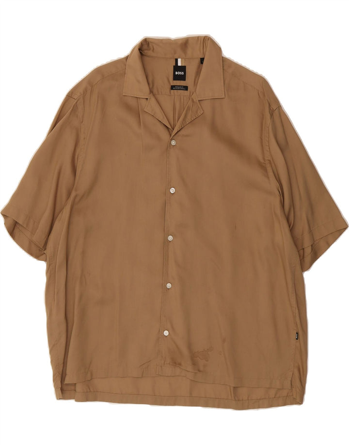 HUGO BOSS Mens Regular Fit Short Sleeve Shirt Large Brown Lyocell Vintage Hugo Boss and Second-Hand Hugo Boss from Messina Hembry 