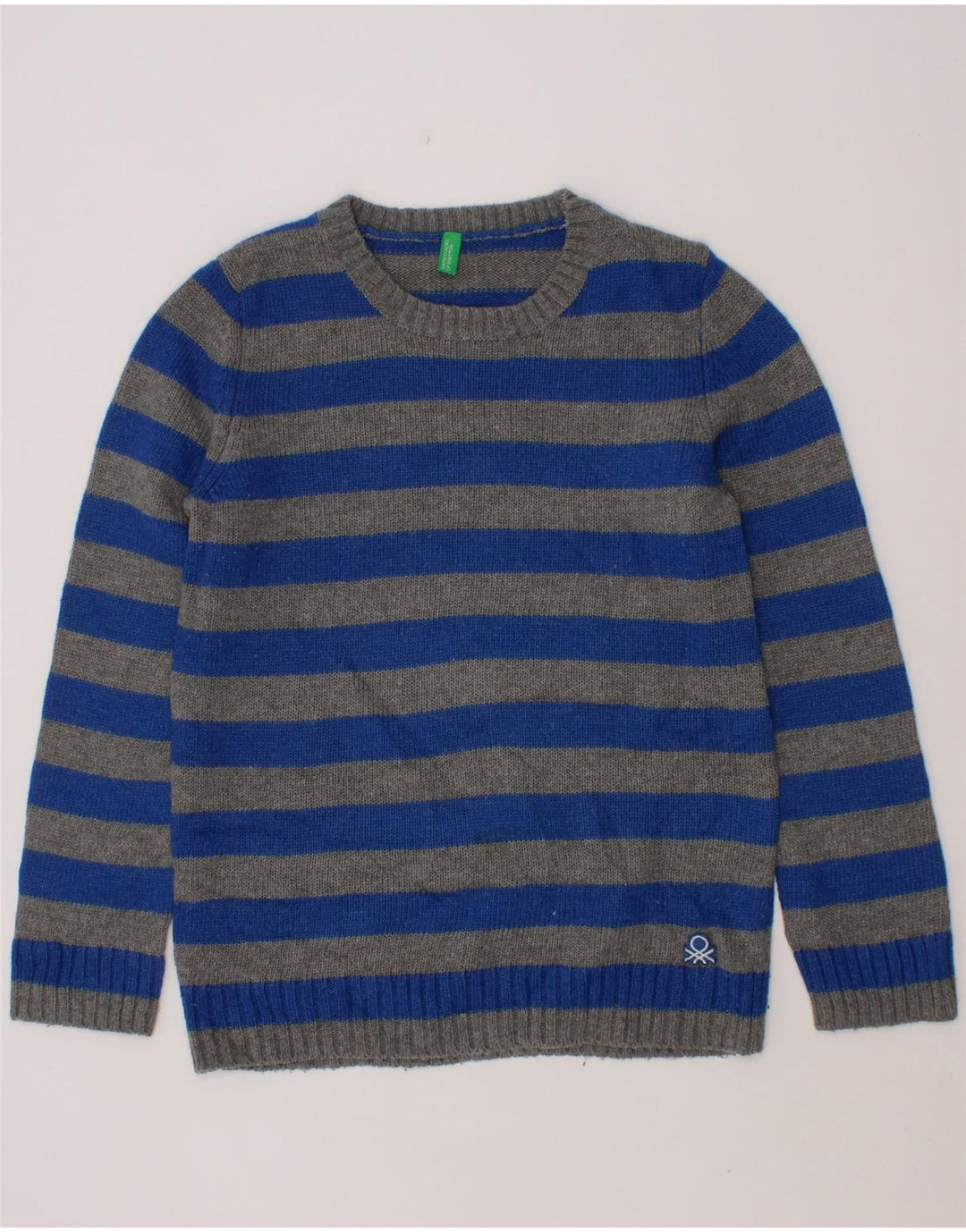 BENETTON Boys Crew Neck Jumper Sweater 7-8 Years Medium Blue Striped Vintage Benetton and Second-Hand Benetton from Messina Hembry 
