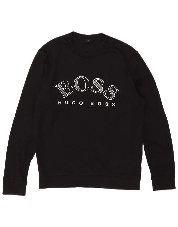 Veliki crni pamučni džemper Hugo Boss s grafičkim motivima