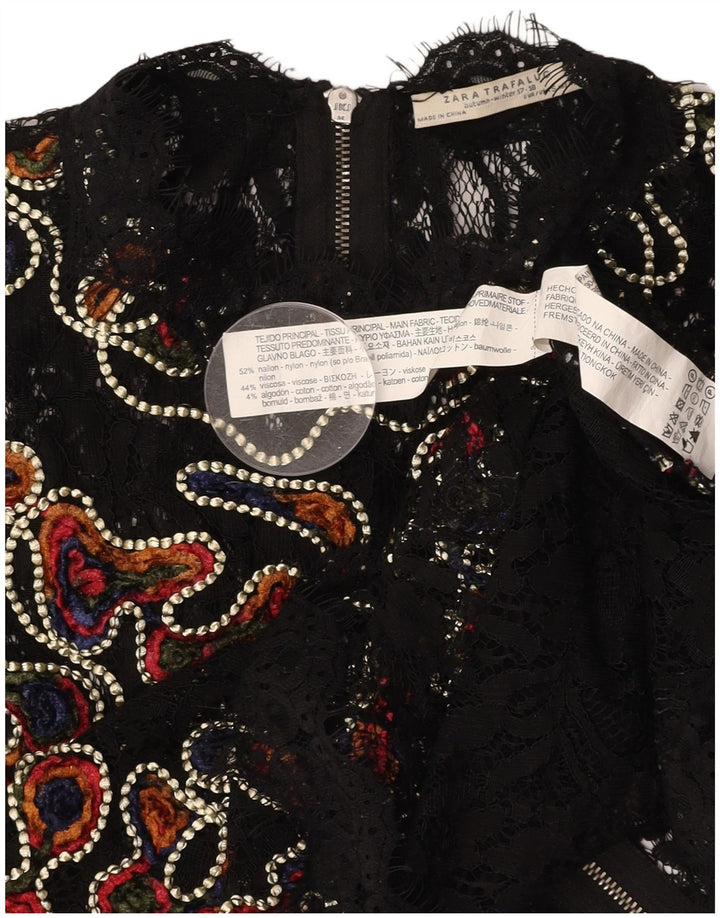 ZARA ženski gornji dio prozirne čipkaste bluze UK 10 Mali crni cvjetni najlon