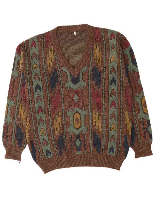 VINTAGE muški džemper s V-izrezom IT 50 srednje smeđe geometrijske boje