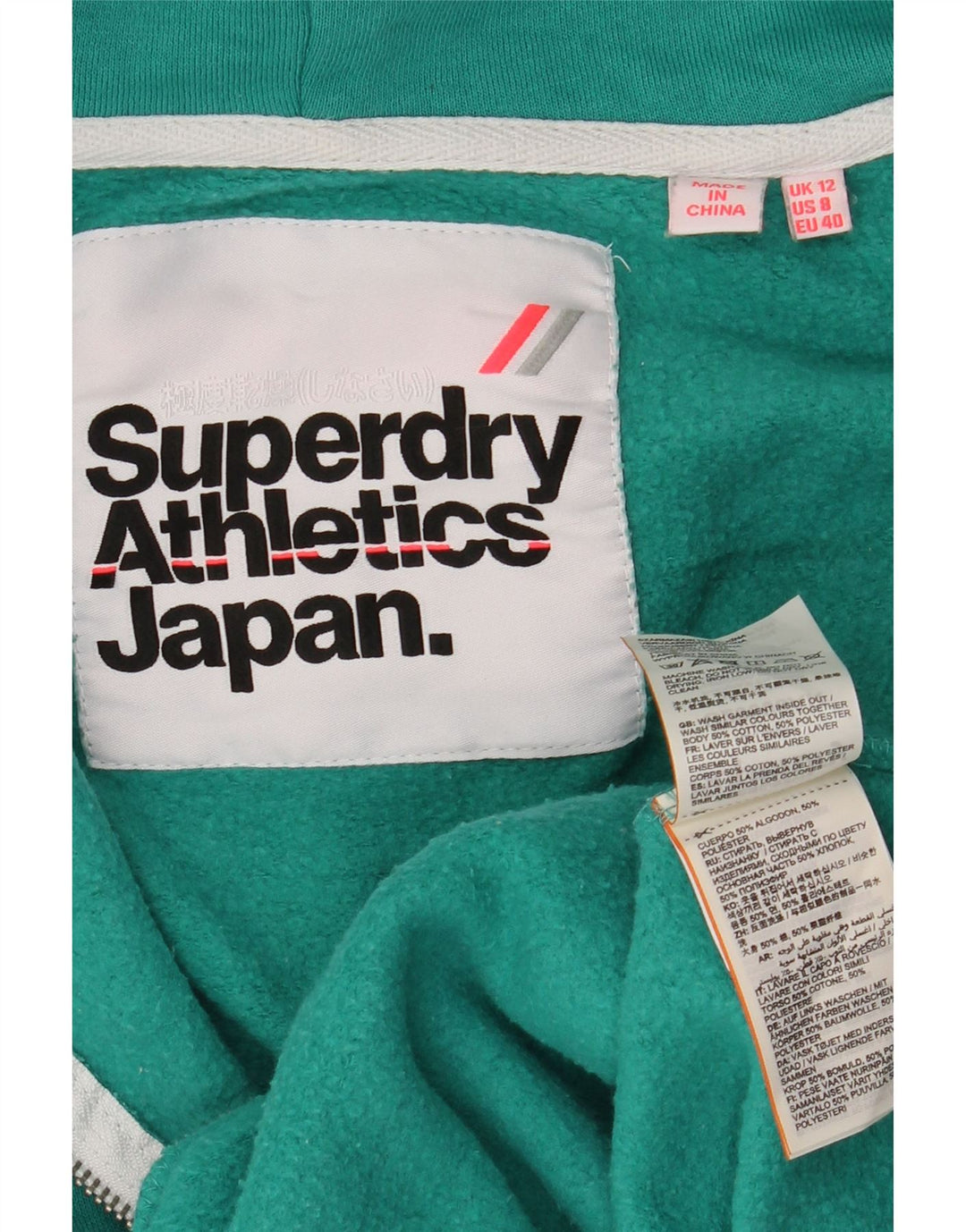 SUPERDRY ženski pulover s kapuljačom na patentni zatvarač UK 12 Srednje zeleni pamuk