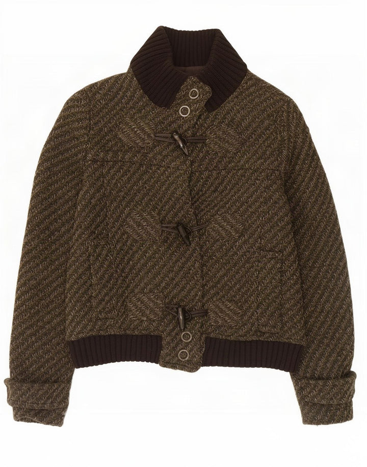 Zara ženska duffle bomber jakna UK 14 Vunena velika kaki prugasta jakna