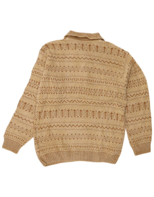 Vintage muški džemper s polo ovratnikom, srednji bež geometrijski akril