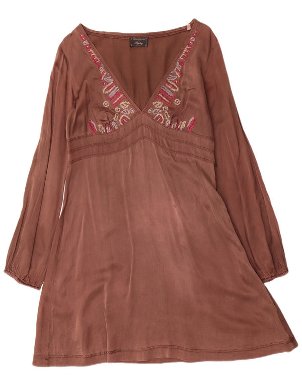 Replay Ženska grafička haljina A-kroja dugih rukava UK 12 Srednje smeđa svila