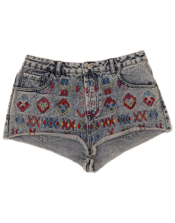 Topshop ženske traper vruće hlačice visokog struka UK 12 srednje W30 plave geometrijske boje