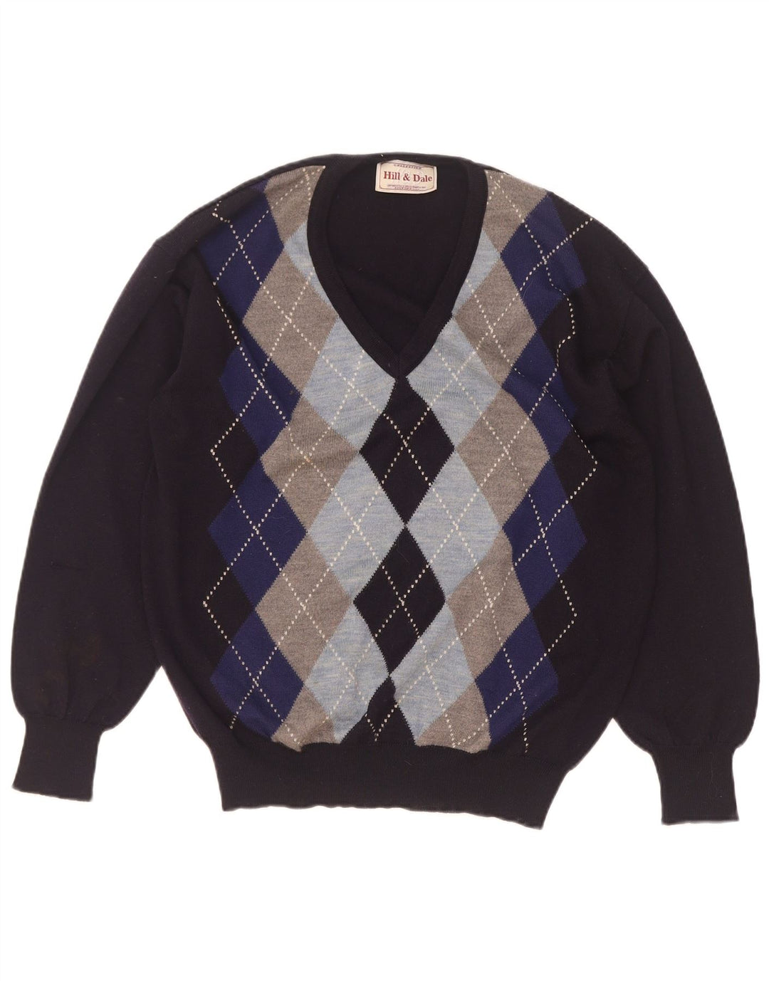 Vintage muški džemper s V-izrezom IT 48 Srednje tamnoplavi Argyle/Diamond