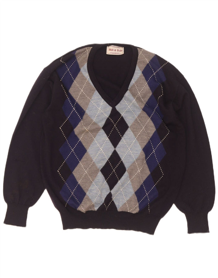 Vintage muški džemper s V-izrezom IT 48 Srednje tamnoplavi Argyle/Diamond