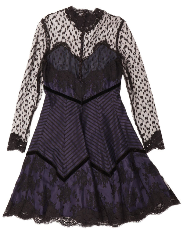 Vintage ženska haljina A-kroja dugih rukava UK 10 Mala tamnoplava cvjetna gotika