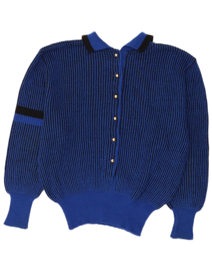 VINTAGE ženski džemper s polo ovratnikom UK 12 srednje plave pruge