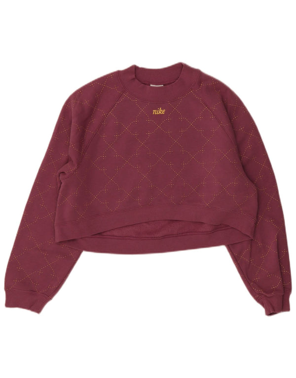 Nike Womens Crop Oversized Sweatshirt Jumper UK 6 XS Burgundy Check Cotton