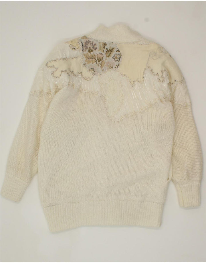 VINTAGE Womens Abstract Pattern Cardigan Sweater UK 14 Medium White Vintage Vintage and Second-Hand Vintage from Messina Hembry 