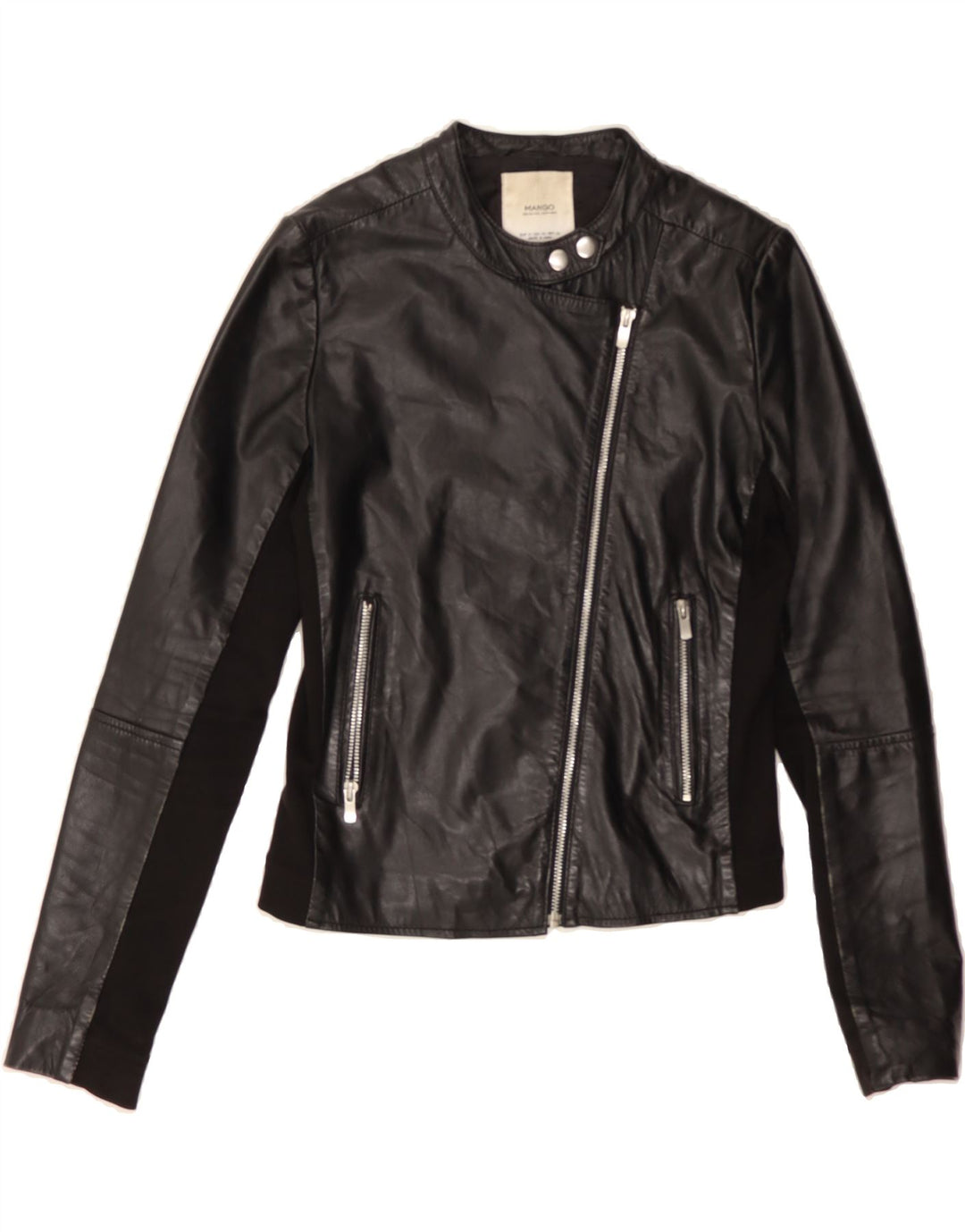 MANGO Womens Crop Leather Jacket UK 10 Small Black Leather Biker Vintage Mango and Second-Hand Mango from Messina Hembry 