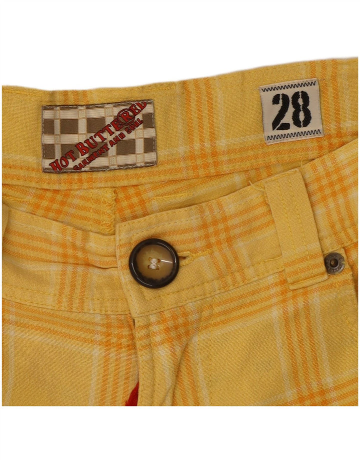 Vintage ženske ležerne kratke hlače W28 srednje žuti karirani pamuk