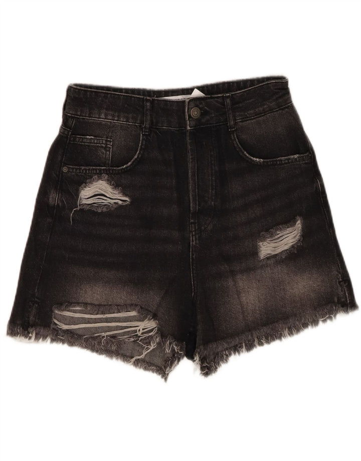 ZARA Womens Distressed Denim Shorts EU 38 Small W28 Black Cotton
