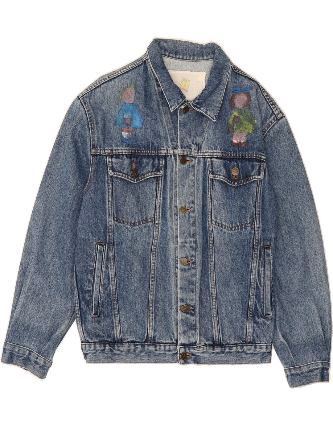 VINTAGE Womens Graphic Denim Jacket UK 16 Large Blue Vintage Vintage and Second-Hand Vintage from Messina Hembry 