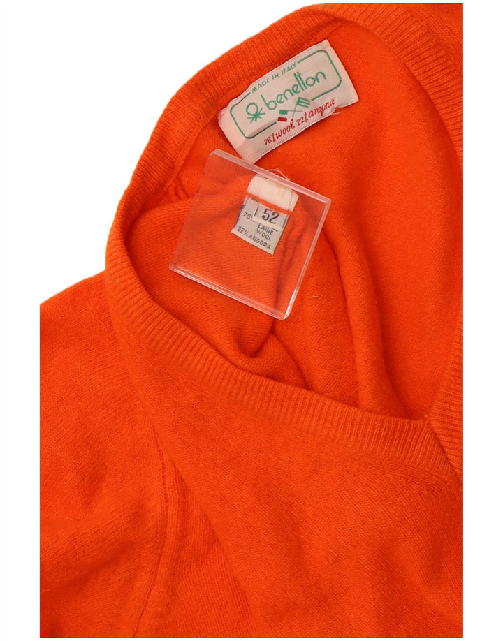 BENETTON Womens V-Neck Jumper Sweater IT 52 2XL Orange Wool