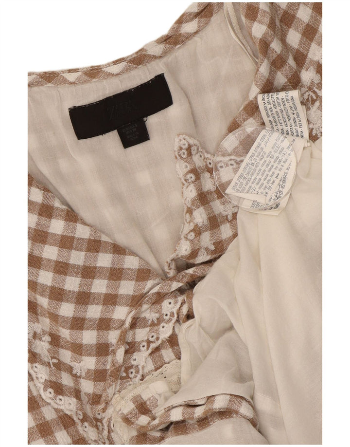 Zara ženska duga haljina bez rukava UK 10 Mala smeđa viskoza u gingham