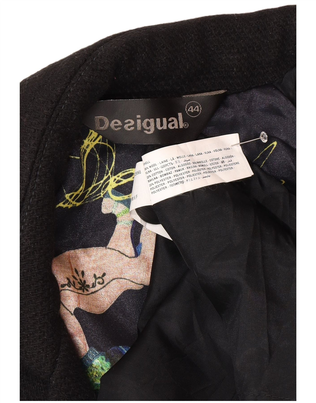 Desigual ženski kaput EU 44 XL crna vunena cvjetna boja