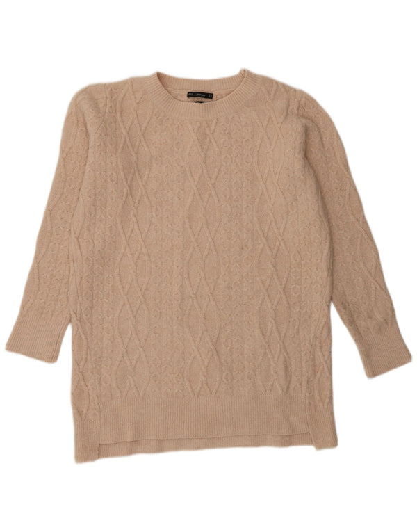 Zara Womens Longline Crew Neck Jumper Sweater UK 14 Medium Beige