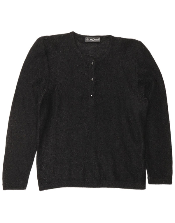 VINTAGE ženski džemper s dugmadima i ovratnikom UK 10 Mali crni pjegavi moher