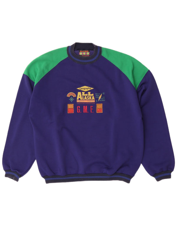 Vintage Mens Graphic Sweatshirt Jumper XL Navy Blue Colourblock Cotton