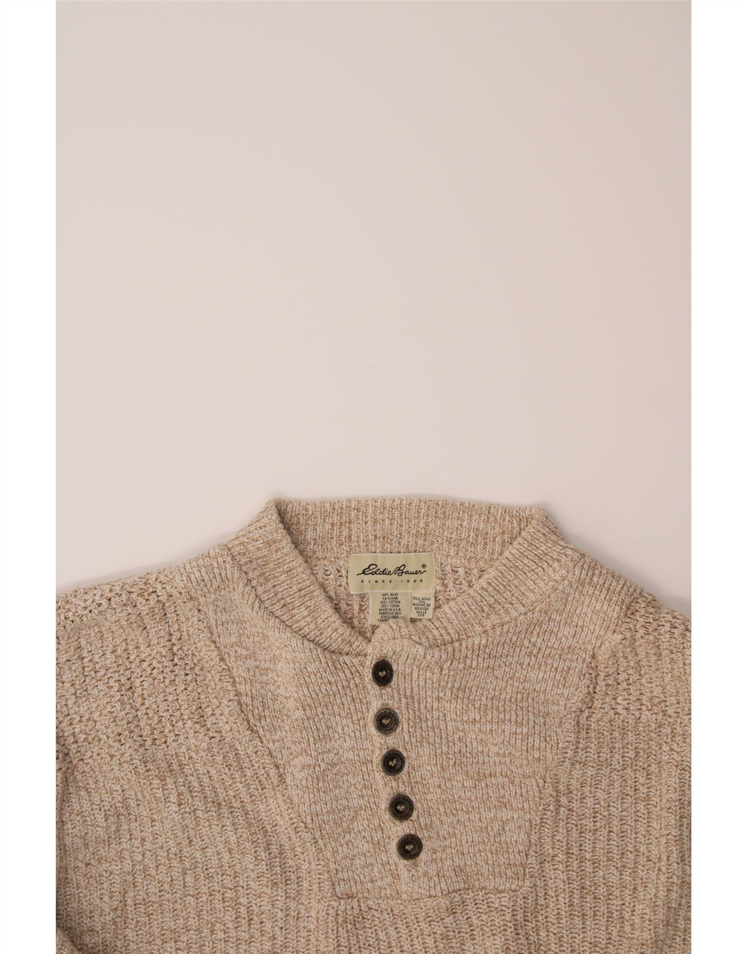 EDDIE BAUER Mens Tall Button Neck Jumper Sweater 2XL Beige Cotton Vintage Eddie Bauer and Second-Hand Eddie Bauer from Messina Hembry 