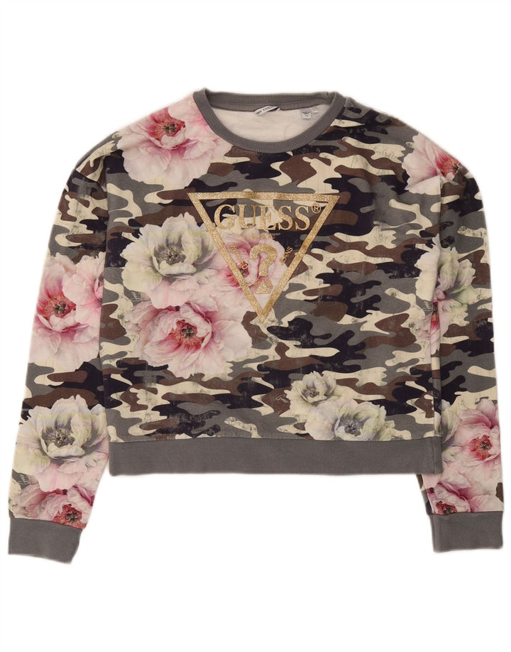 GUESS Ženska skraćena majica s motivima UK 16, velika siva kamuflažna