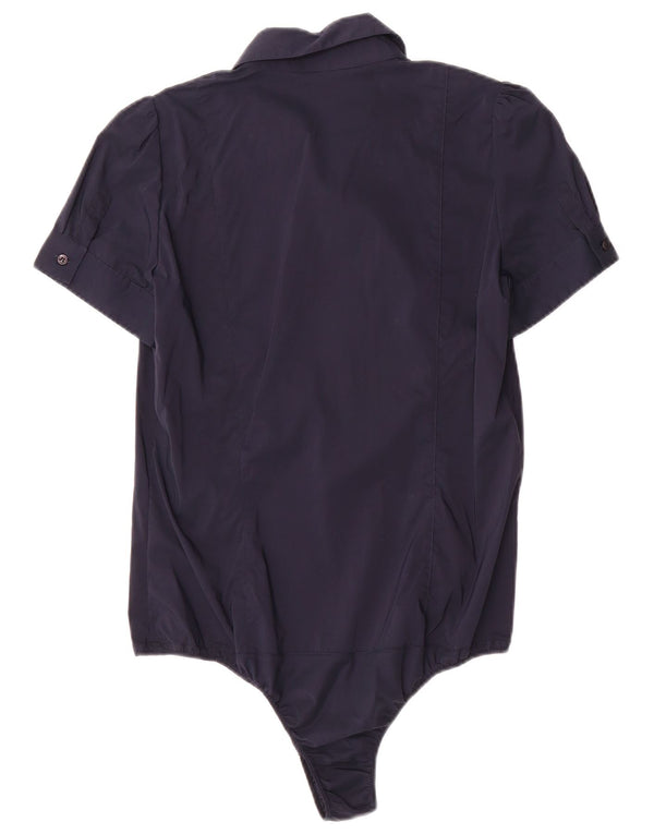 Atos Lombardini Womens Ruffle Front Shirt Bodysuit IT 46 Large Navy Blue
