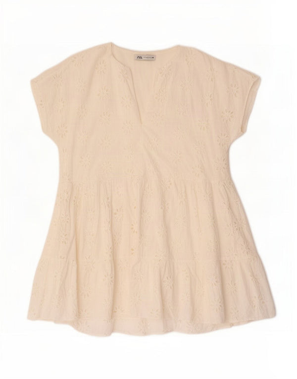 Zara ženska prevelika višeslojna haljina UK 16 Large Off White Floral Pamuk