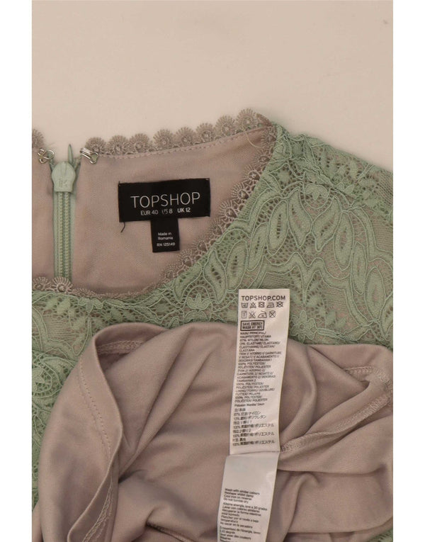 Topshop ženska čipkasta haljina A kroja 3/4 rukava UK 12 Srednje zelena cvjetna najlonska haljina