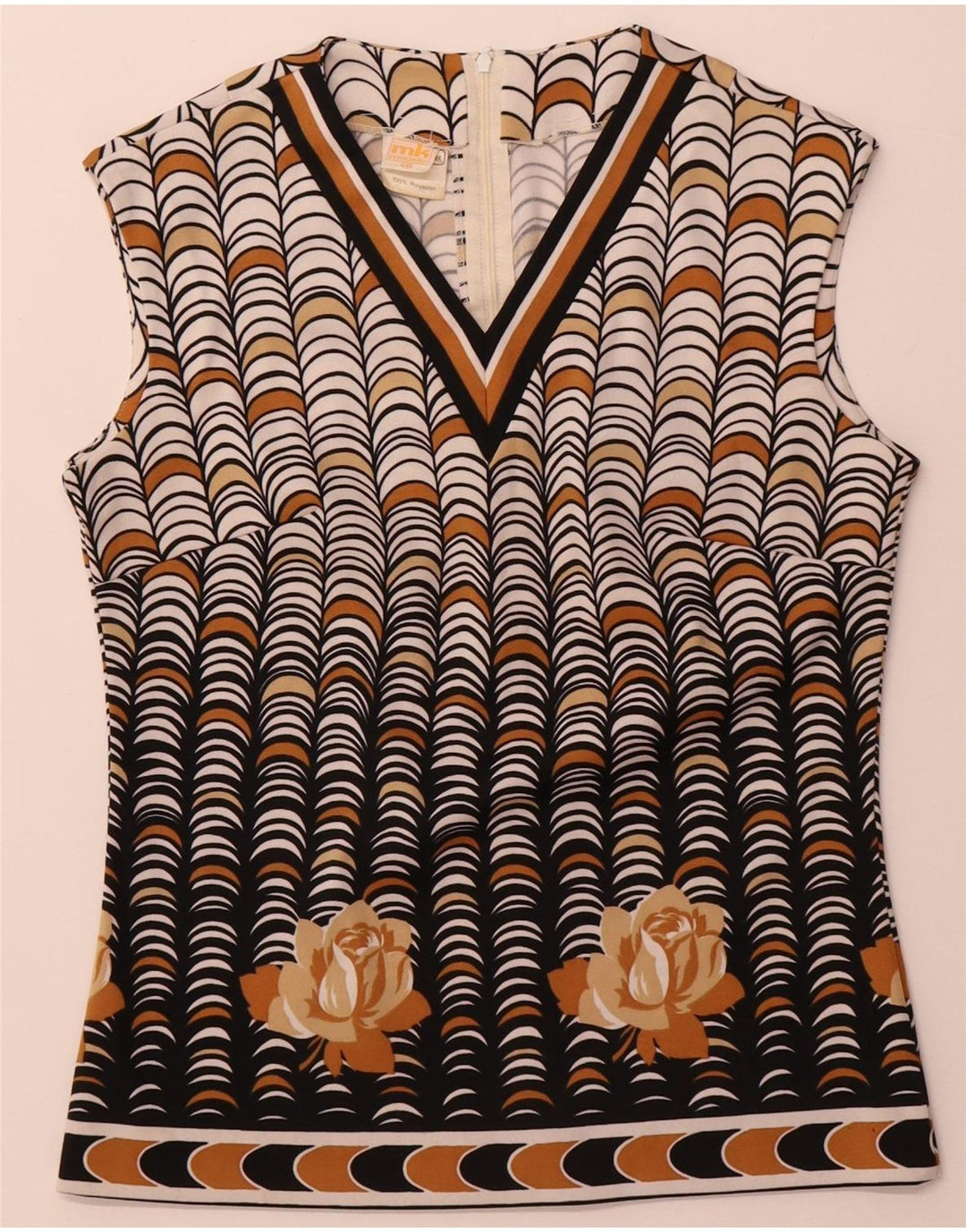 Vintage gornji dio ženske bluze bez rukava IT 40 Mali bež geometrijski poliester