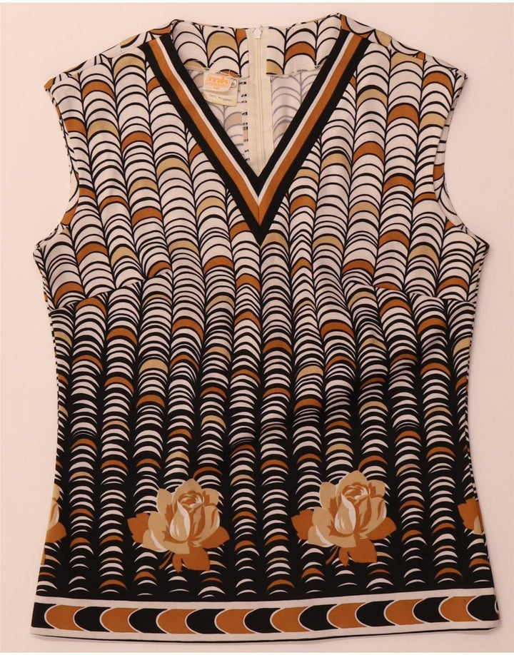 Vintage gornji dio ženske bluze bez rukava IT 40 Mali bež geometrijski poliester