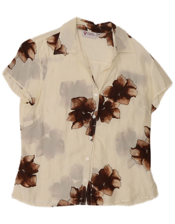 Vintage Womens Short Sleeve Shirt Blouse UK 14 Medium White Floral
